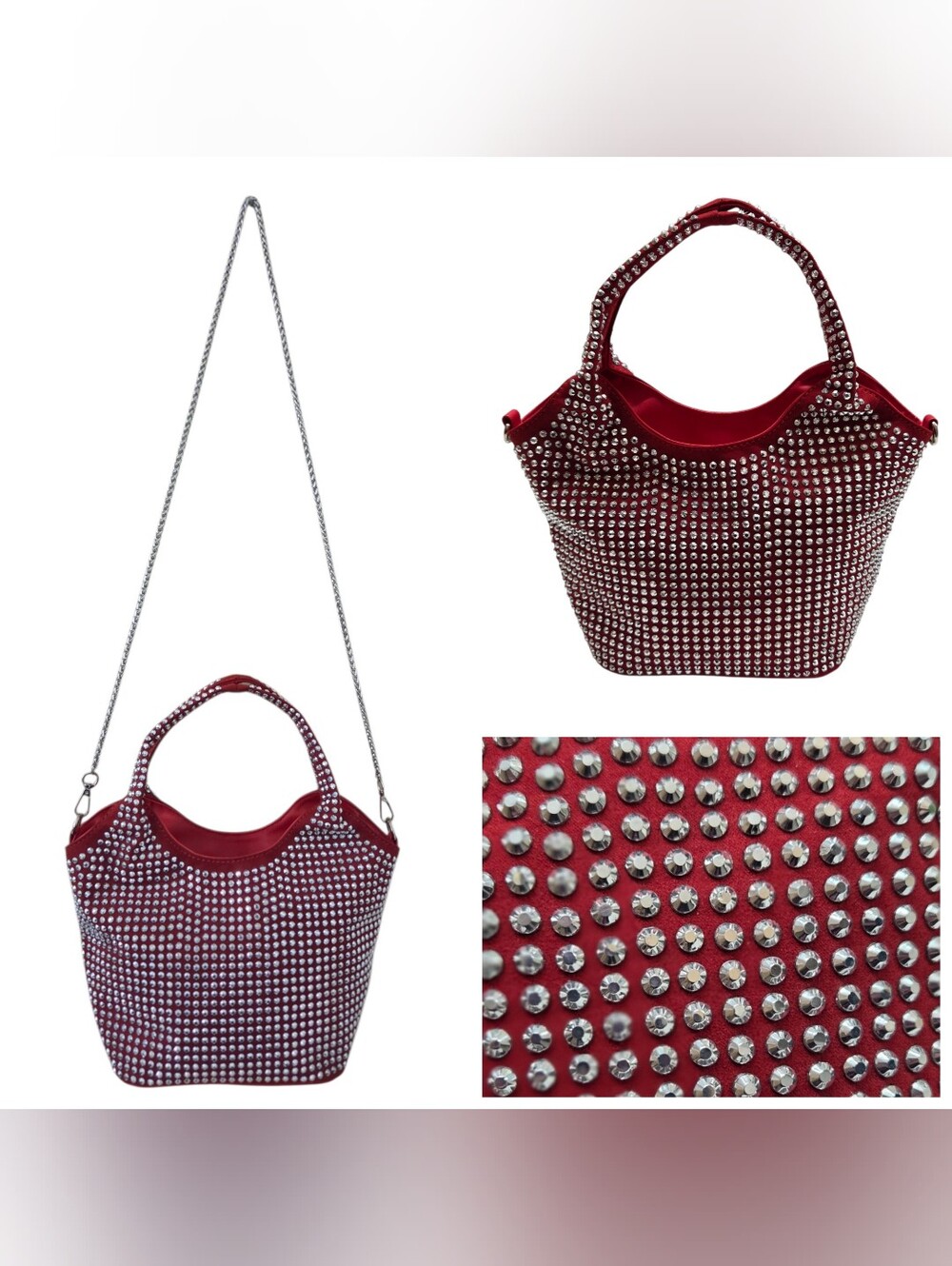 Red Crystal-Studded Women's Shoulder Bag